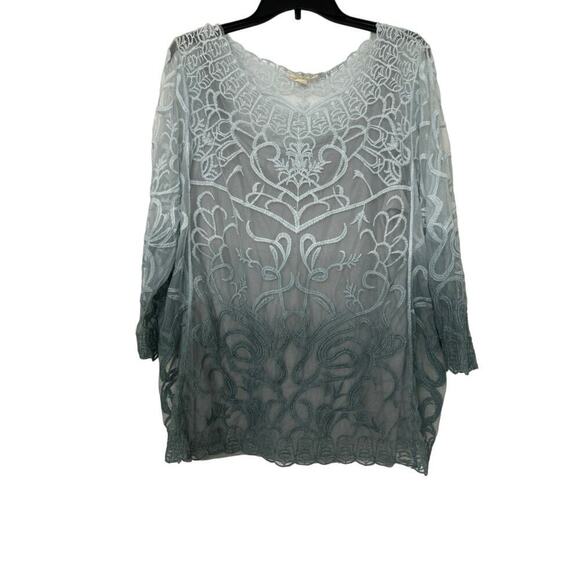 Adiva Tops - Adiva Blue Gray Ombre Mesh Embroidered Blouse 1X Whimsical Fairy